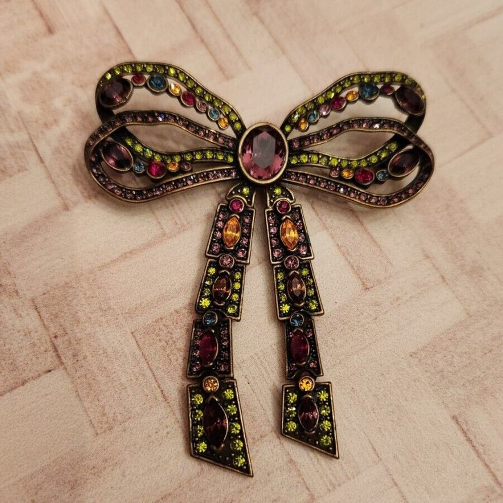 Heidi Daus Ribbon Bow Bronze Tone purple yellow 3" Brooch Pin Signed - Picture 1 of 2